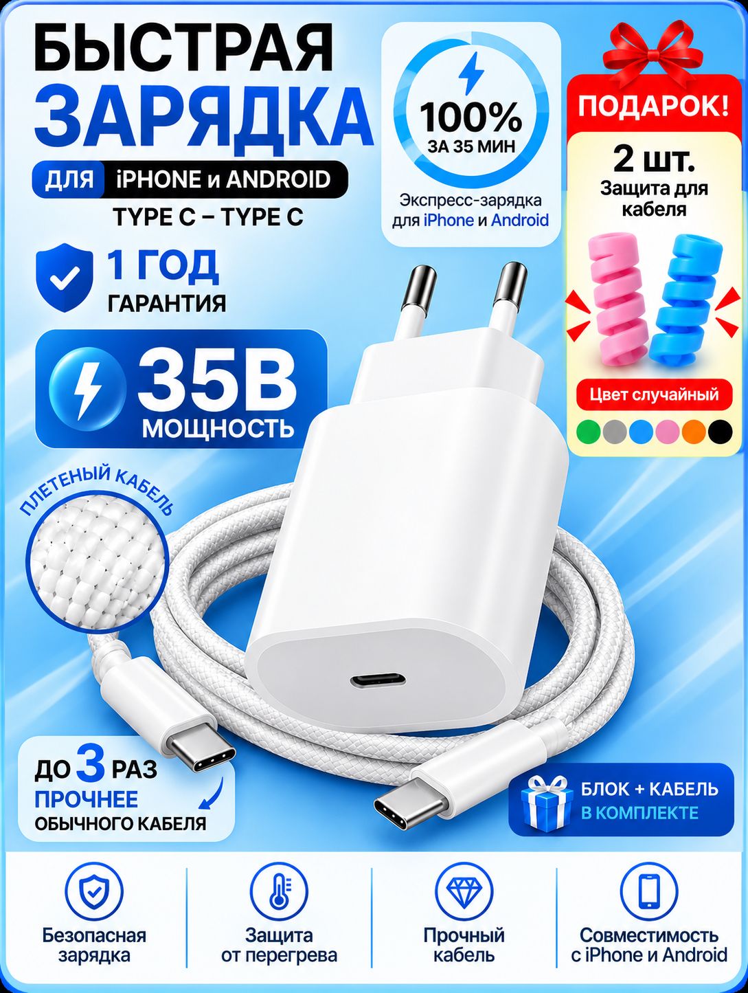 Зарядка type c 25W / Зарядное устройство / Блок питания с кабелем тайпси / Зарядка для телефона Android и iPhone 15/16/17