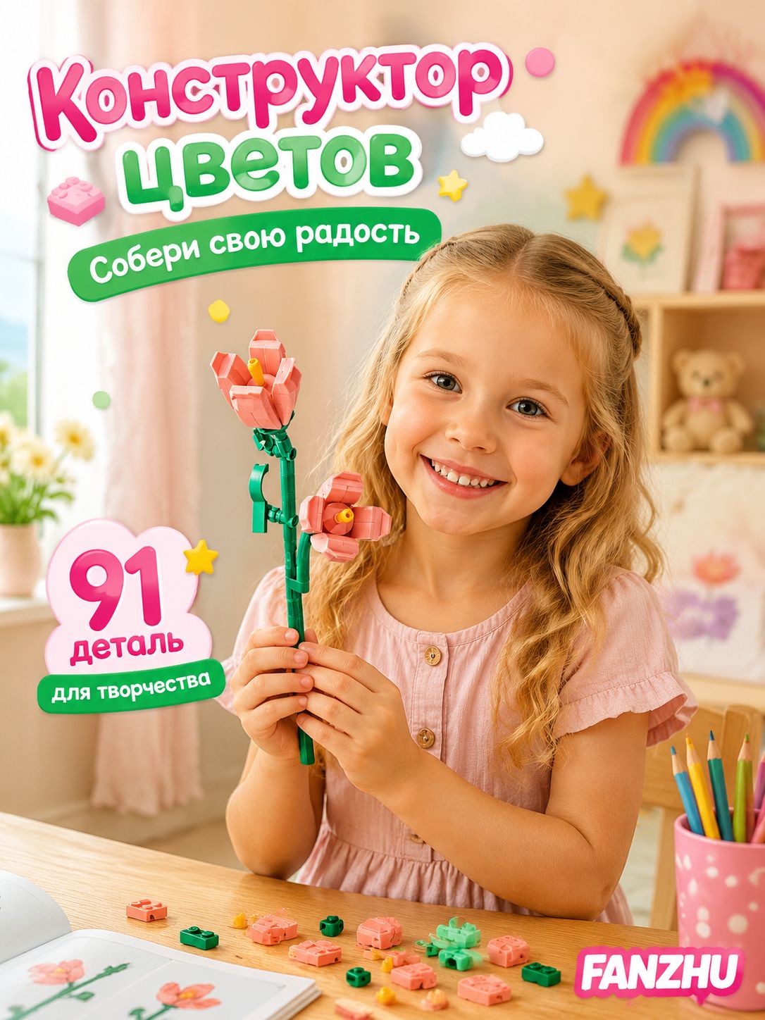 Мини конструктор цветы 91деталей , конструктор 3д, подарок для девочки 6 лет совместим с lego