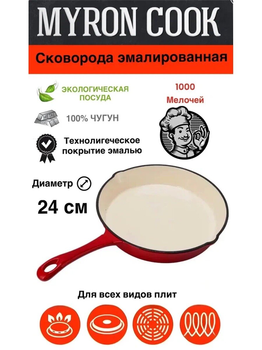 Сковорода чугунная эмалированная 25 см, без крышки, квадратная, белая с красным