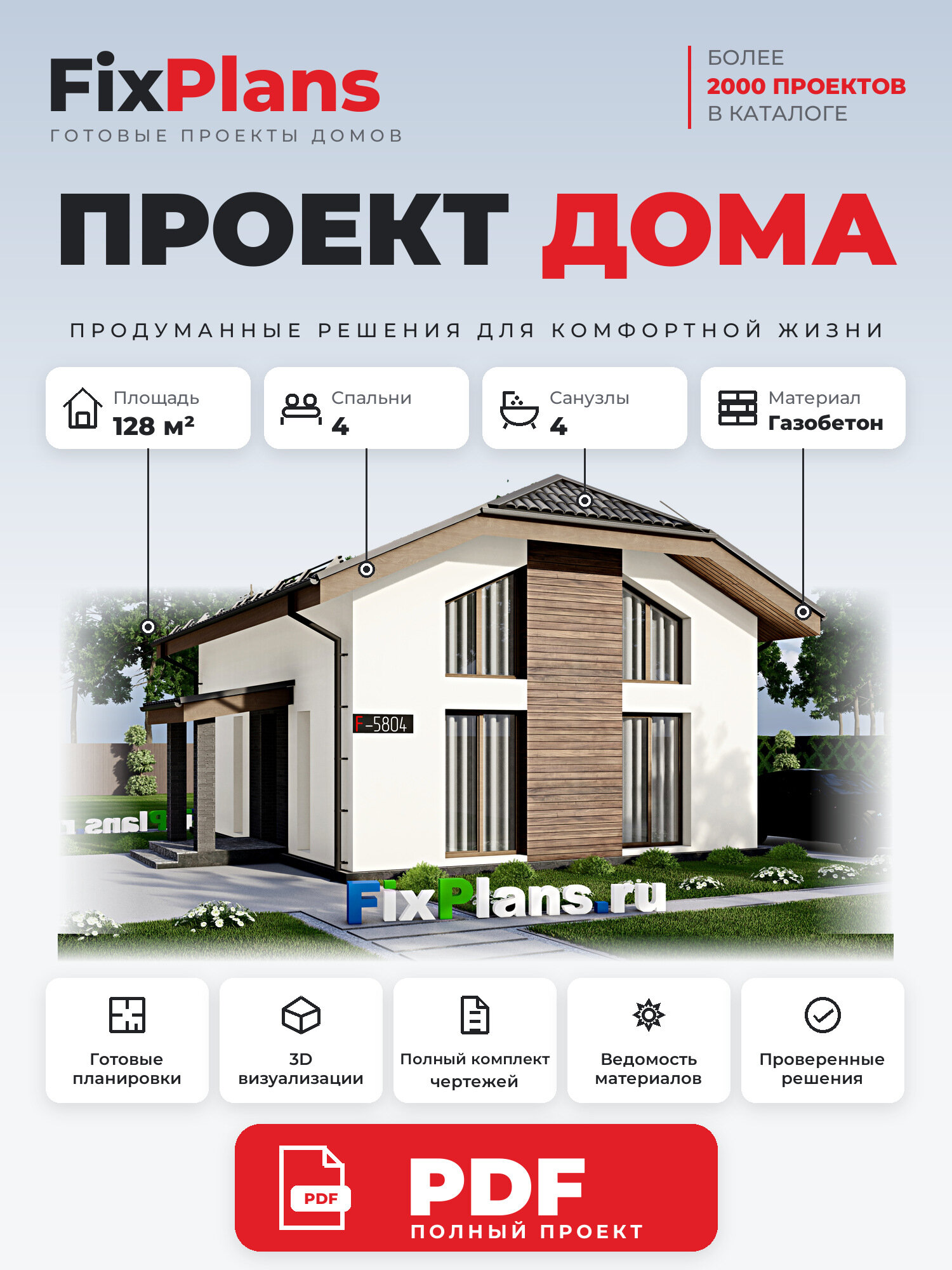Проект дома FIXPLANS. Одноэтажный с мансардой. Площадь 124.42 м2 F-5804 Размер 10.01 х 8.01
