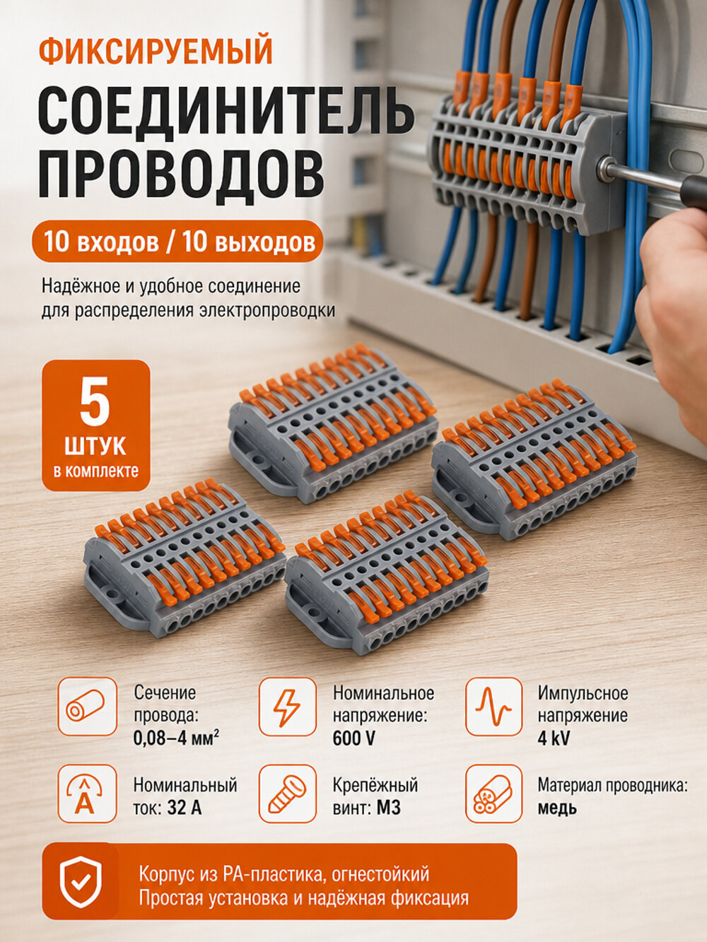 Быстросъёмный соединитель проводов PCT-223-10, 10 входов и 10 выходов, 5 штук, до 4 мм²
