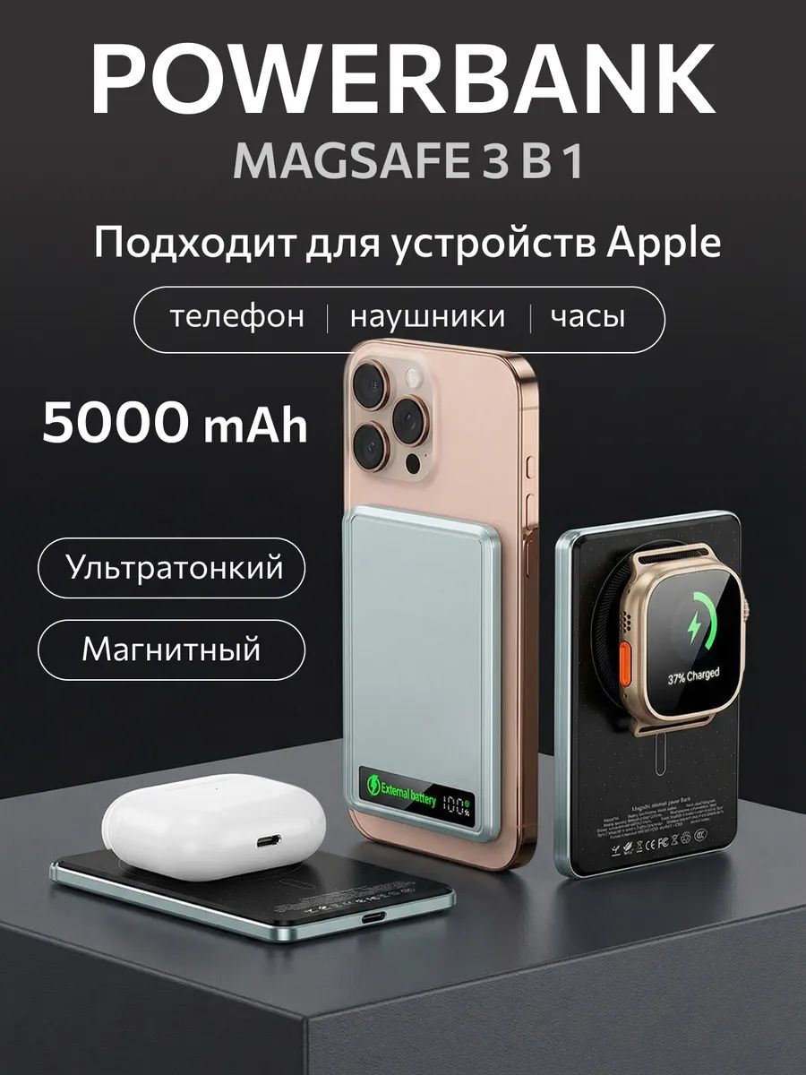 Повербанк 3 в 1 для iPhone, Apple Watch и AirPods 5000 мАч, тонкий 8,5 мм, магнитный MagSafe, быстрая зарядка 20W, внешний аккумулятор EasyMax F23, серый