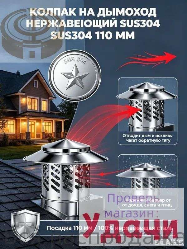 Колпак на дымоход нержавеющий SUS304, 110 мм-зонт на трубу, дефлектор для защиты вентиляции и крыши от осадков