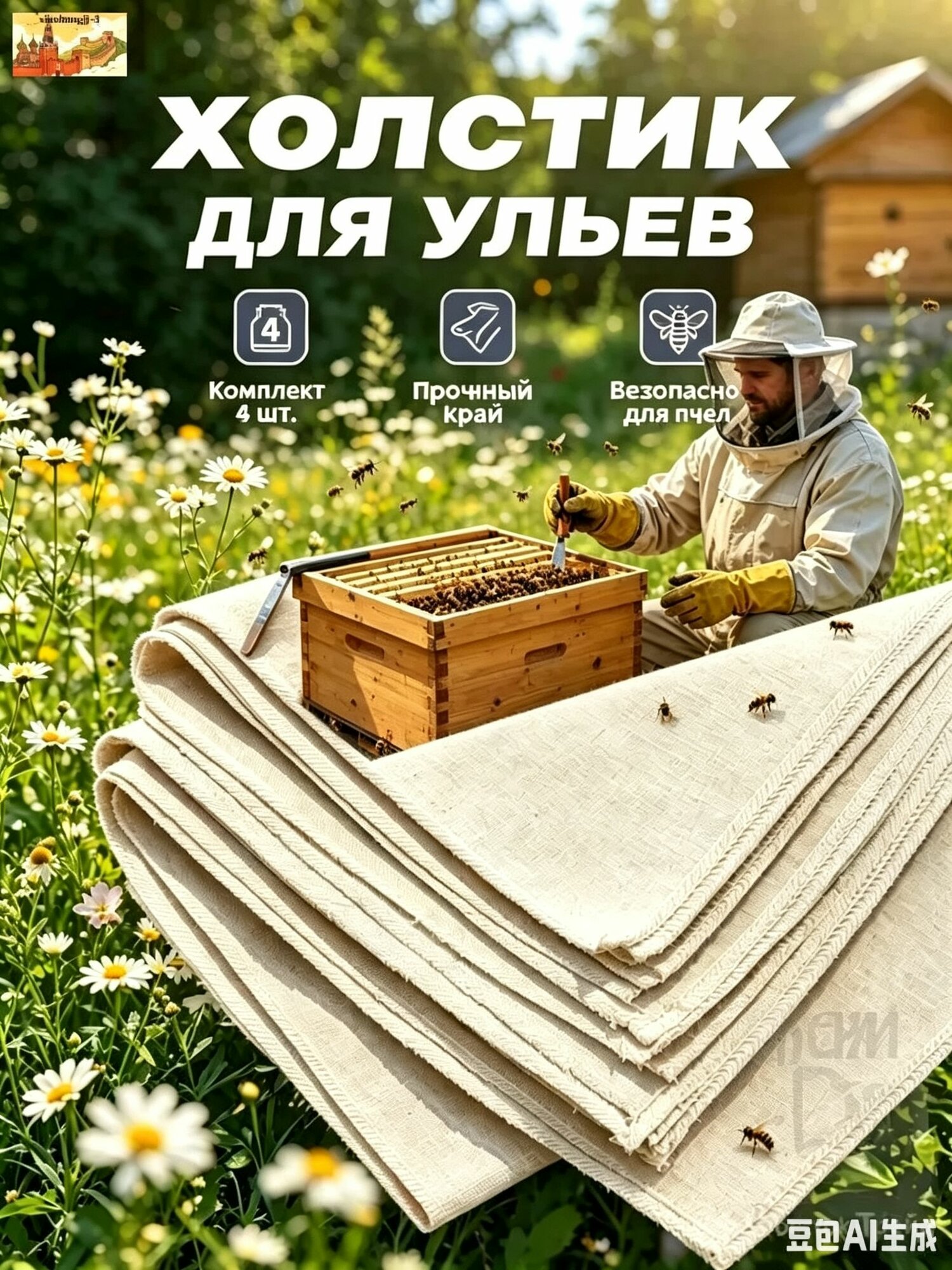 Холстик положок для ульев с замочной кромкой, размер 50х60 см, комплект 4 шт; плотный натуральный лен, защита пчел, пасека, утепление ульев, долговечная строчка