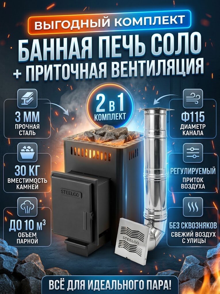 Готовый комплект для бани: надёжная дровяная печь соло 10 и регулируемая система вентиляции басту мини