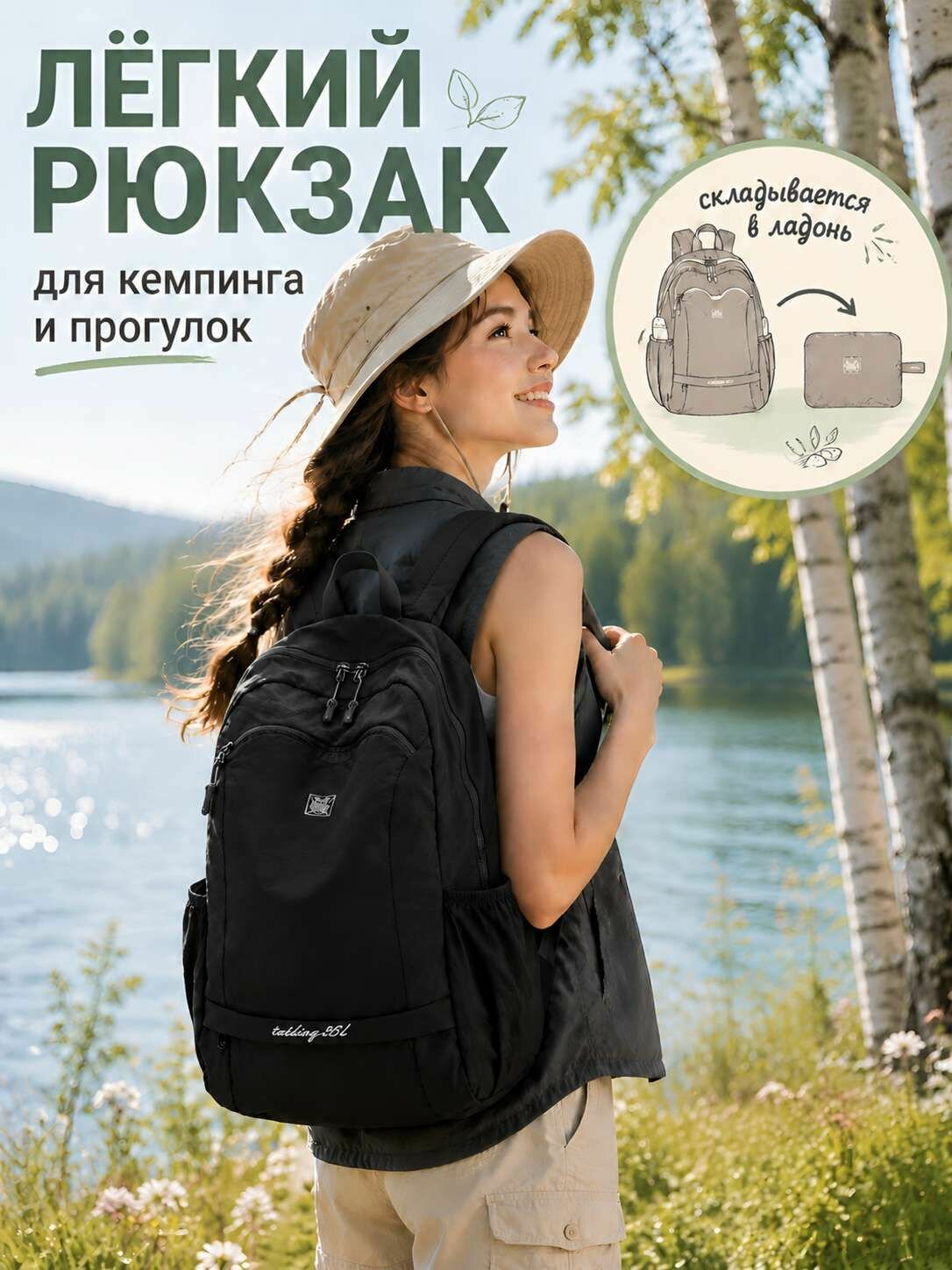 Рюкзак складной трансформер легкий компактный для путешествий и города черный