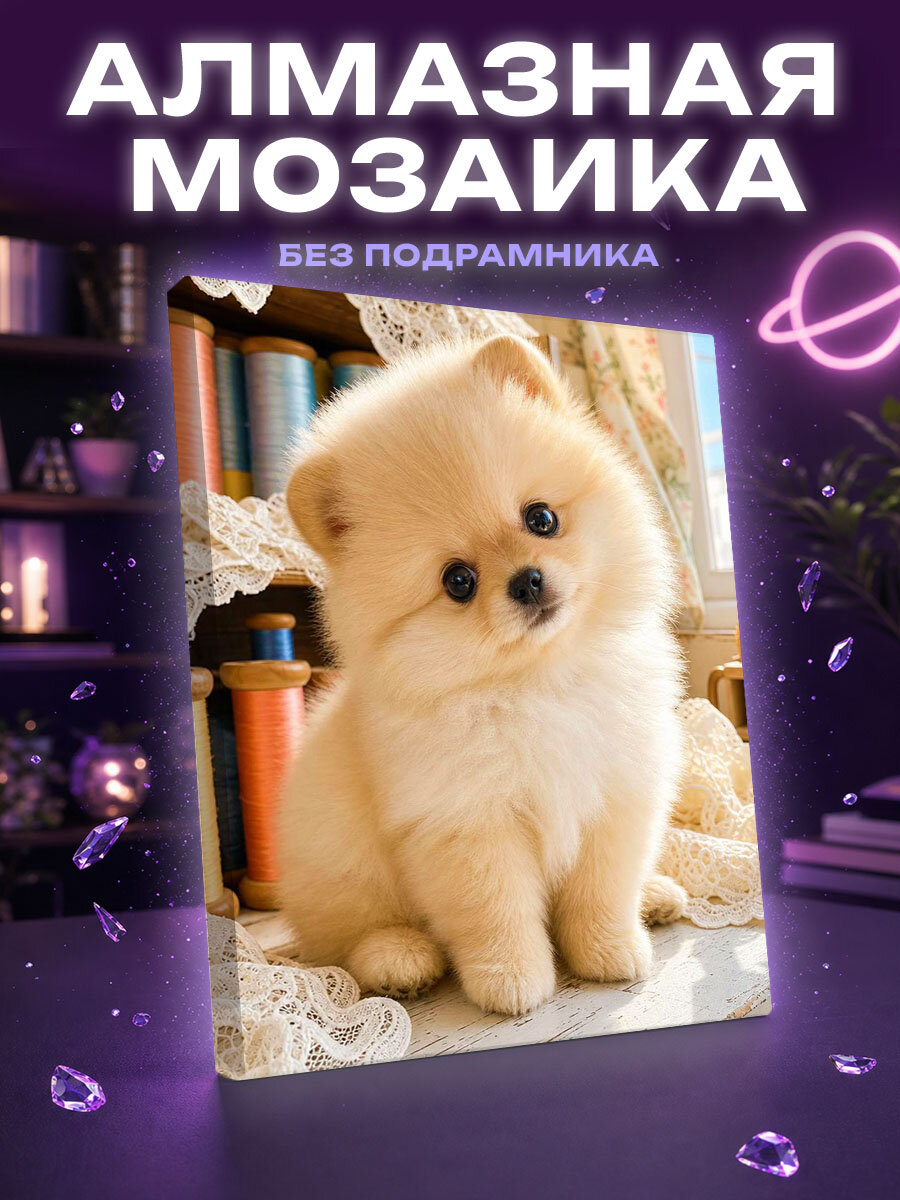 Алмазная мозаика щенок шпица на столе среди катушек ниток
