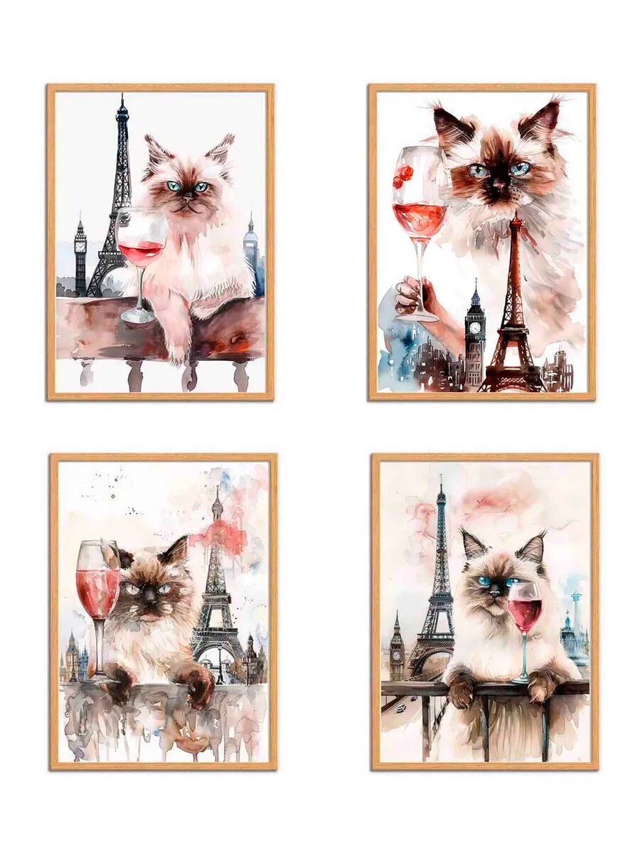 Гималайская кошка Пьет Вино, 4 Плаката, 30x21см