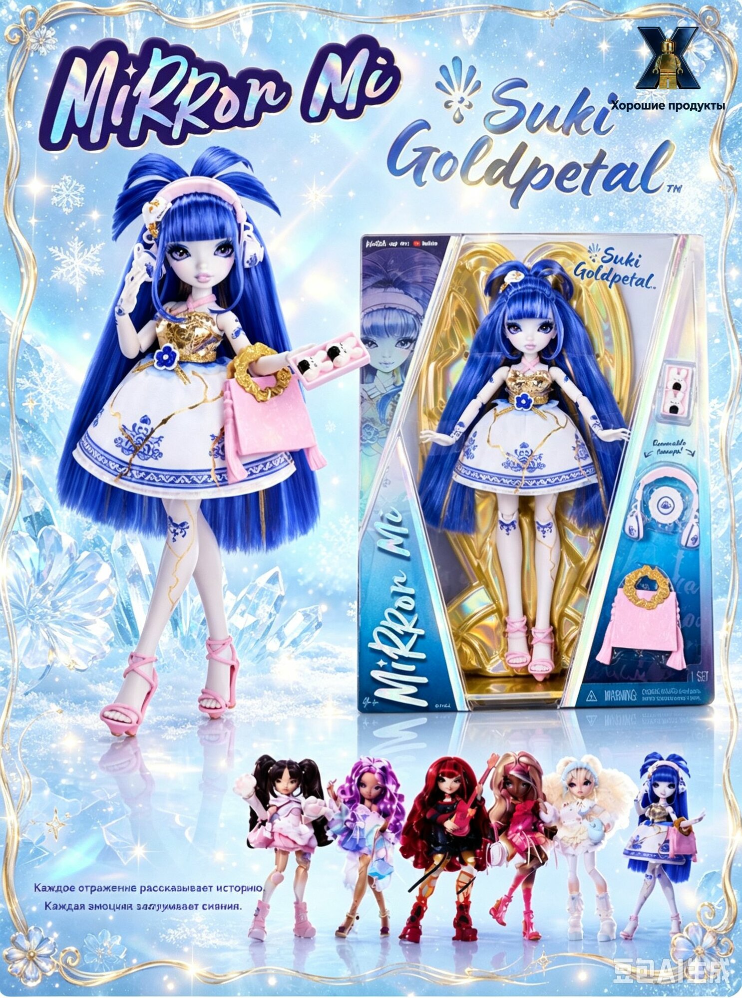 Кукла MGA Mirror Mi - Suki Goldpetal, шарнирная хрупкая коллекционная кукла в чайном платье с голубыми цветами 28 см