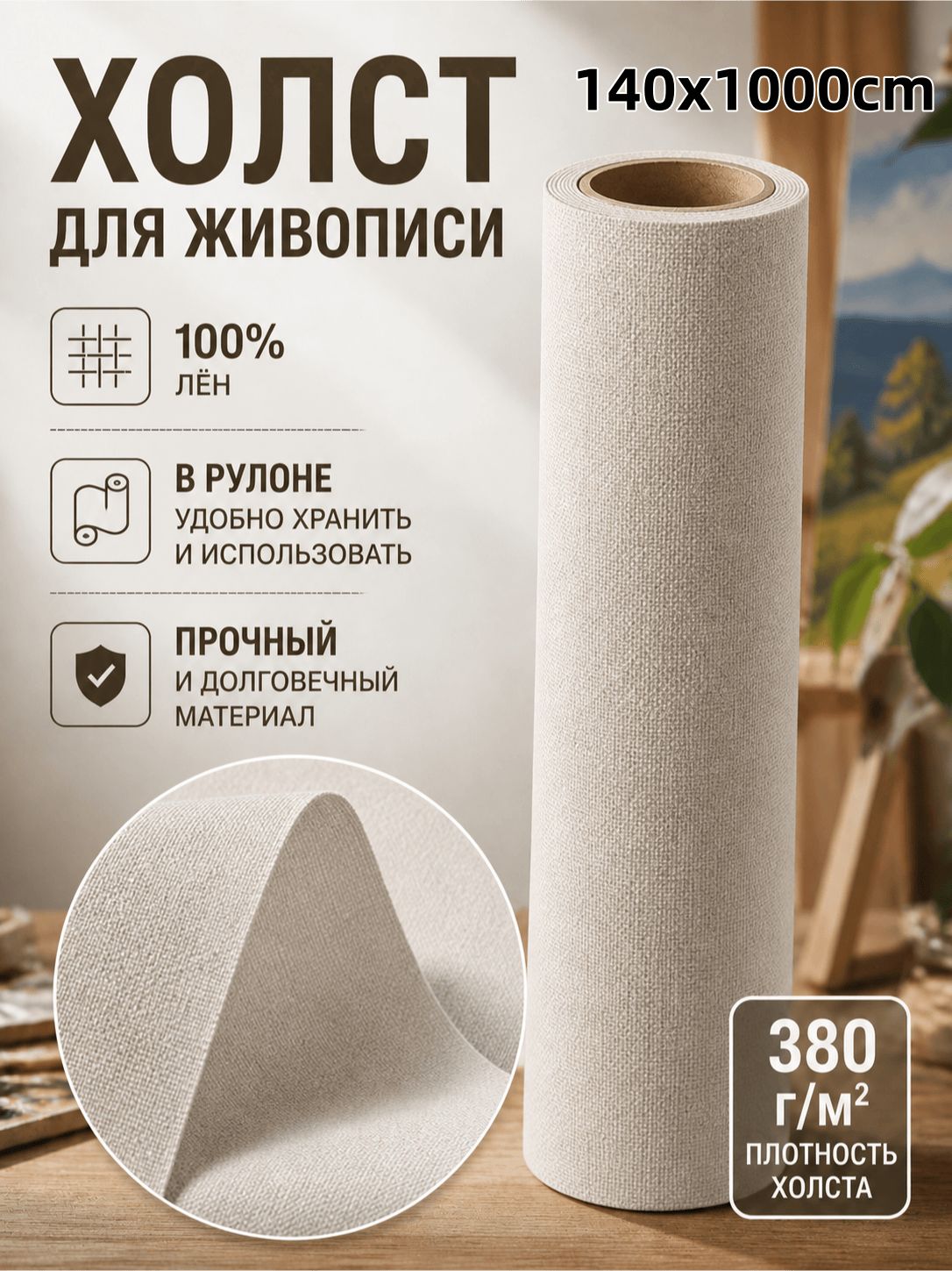 Холст для масляной живописи, в рулоне, смесовый лён, 140x1000 см, 380 г/м