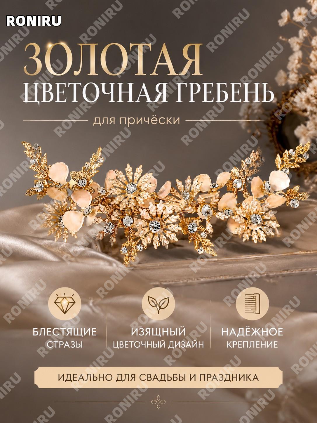 Золотой цветочный гребень для волос HS-J6216 со стразами, повседневная заколка-аксессуар для укладки волос женская