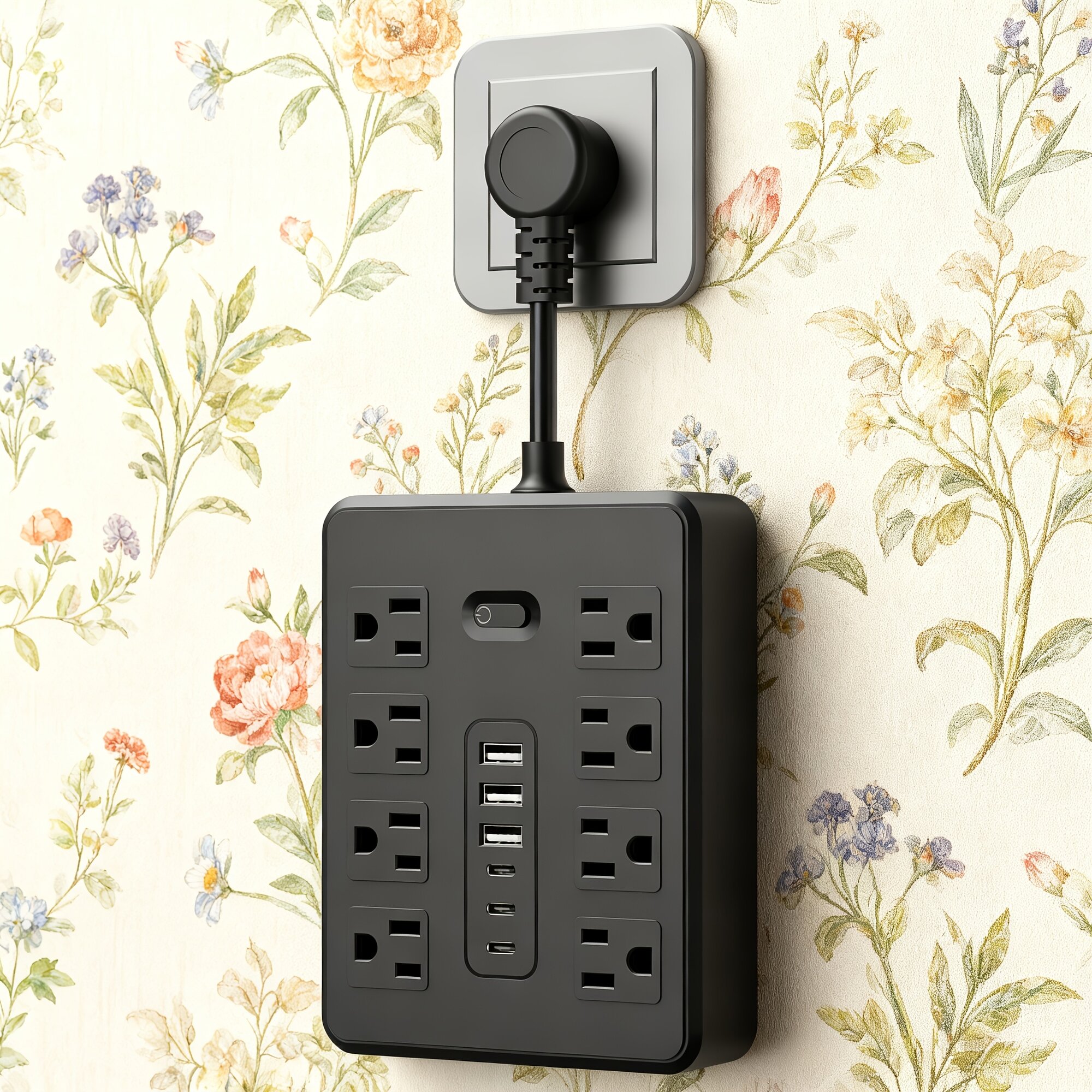 Блок розеток настенный 14 в 1 с 3 портами USB, 3 портами Type-C и 8 сетевыми розетками, с защитой от перегрузки, черный