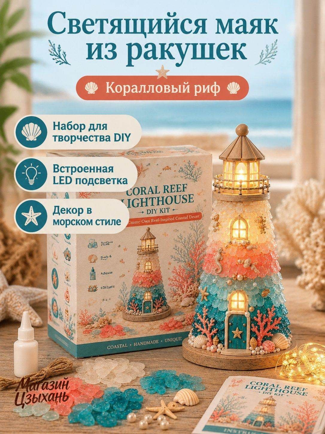 DIY набор для творчества светящийся маяк из ракушек «Коралловый риф», морской декор с LED подсветкой