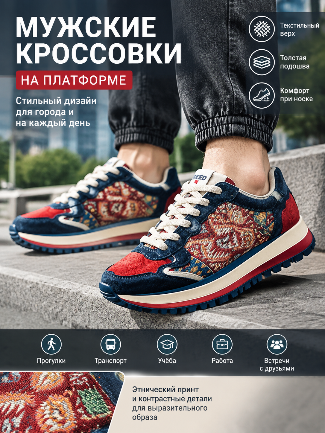 Кроссовки мужские всесезонные на платформе с этническим принтом и толстой подошвой