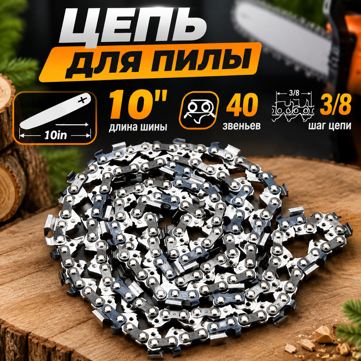 Цепь для пилы 3/8" 40 звеньев, 1 шт, металлическая, для бензо- и электропил, прочная сталь, точный рез