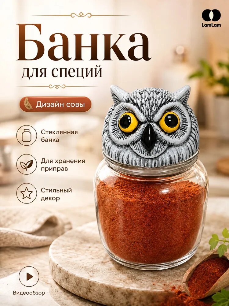 Банка для специй со стеклянным корпусом и крышкой в виде совы, 200 мл, стекло