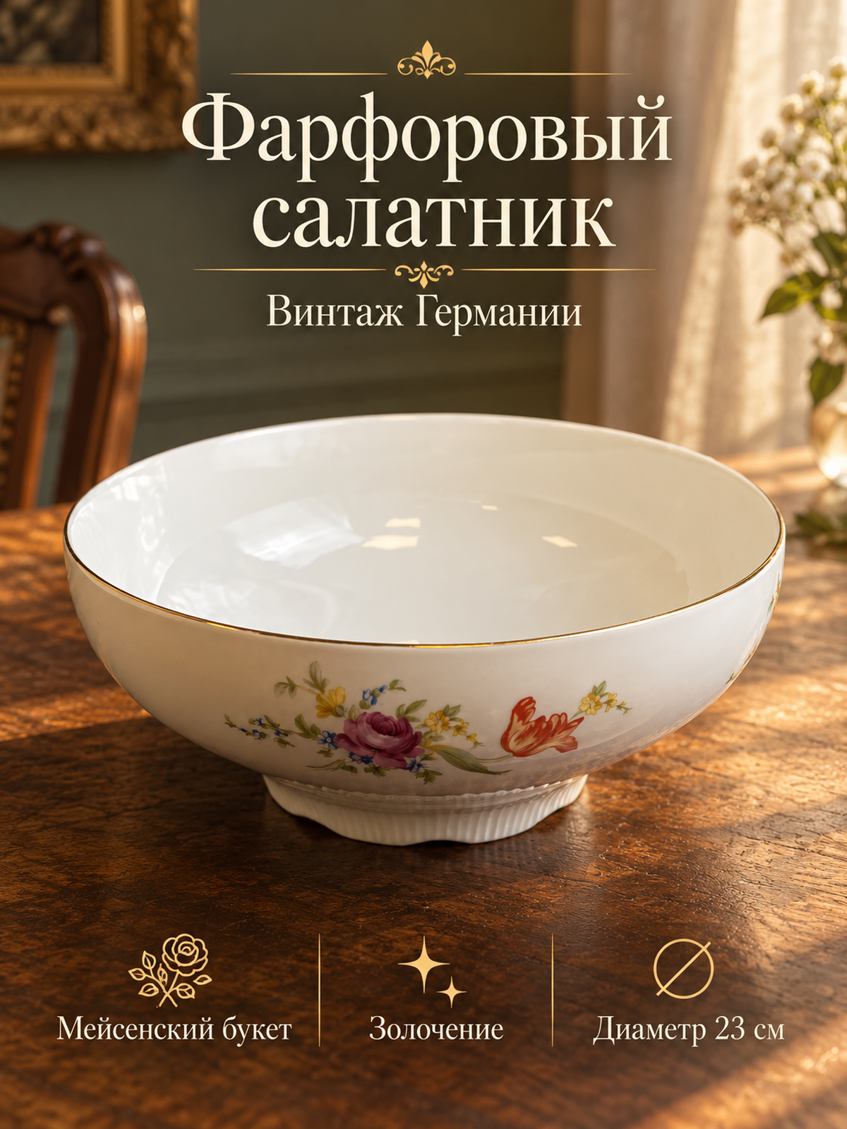 Салатник фарфоровый "Мейсенский букет", рельеф, золочение, Graf Von Henneberg Porzellan, 1777 Jlmenau, Германия, винтаж 1973-1977 гг