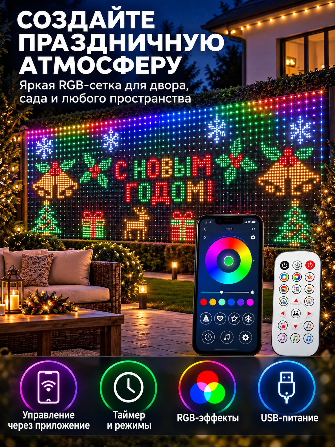 Умная гирлянда сетка занавес RGB, смарт управление через приложение, уличная IP65, светомузыка, таймер, на окно и фасад