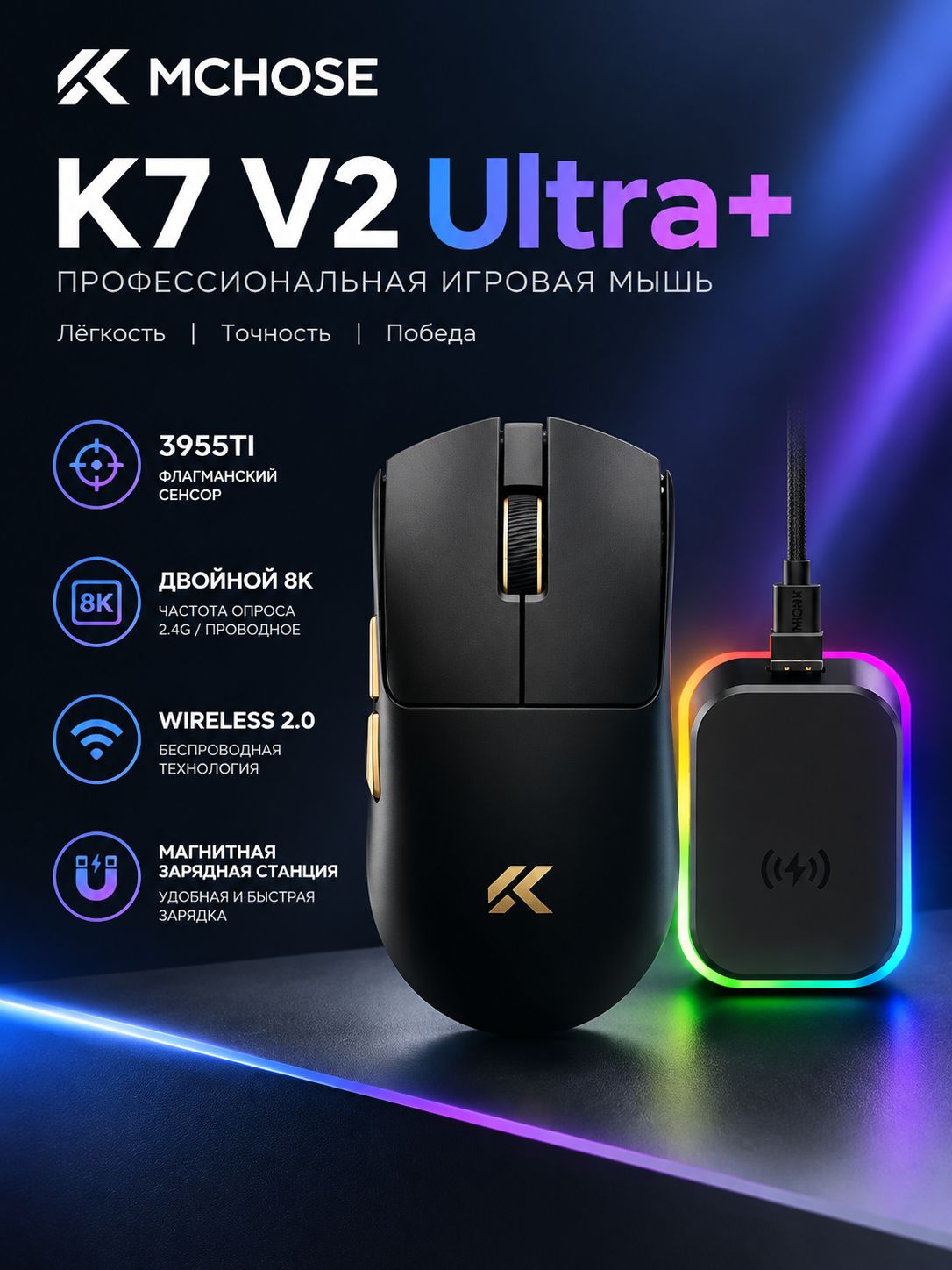 MCHOSE Игровая мышь беспроводная Беспроводная игровая мышь K7 V2 Ultra+ ультралегкая с магнитной зарядкой, эргономичная тримодовая, Bluetooth, для киберспорта, черный