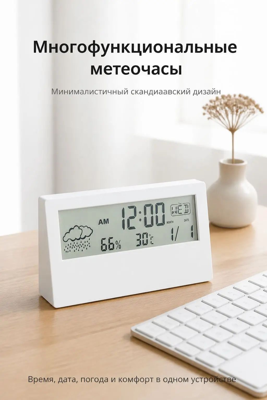 Часы настольные с прозрачным LCD-дисплеем, погодным прогнозом, термометром, гигрометром и будильником для спальни и рабочего места