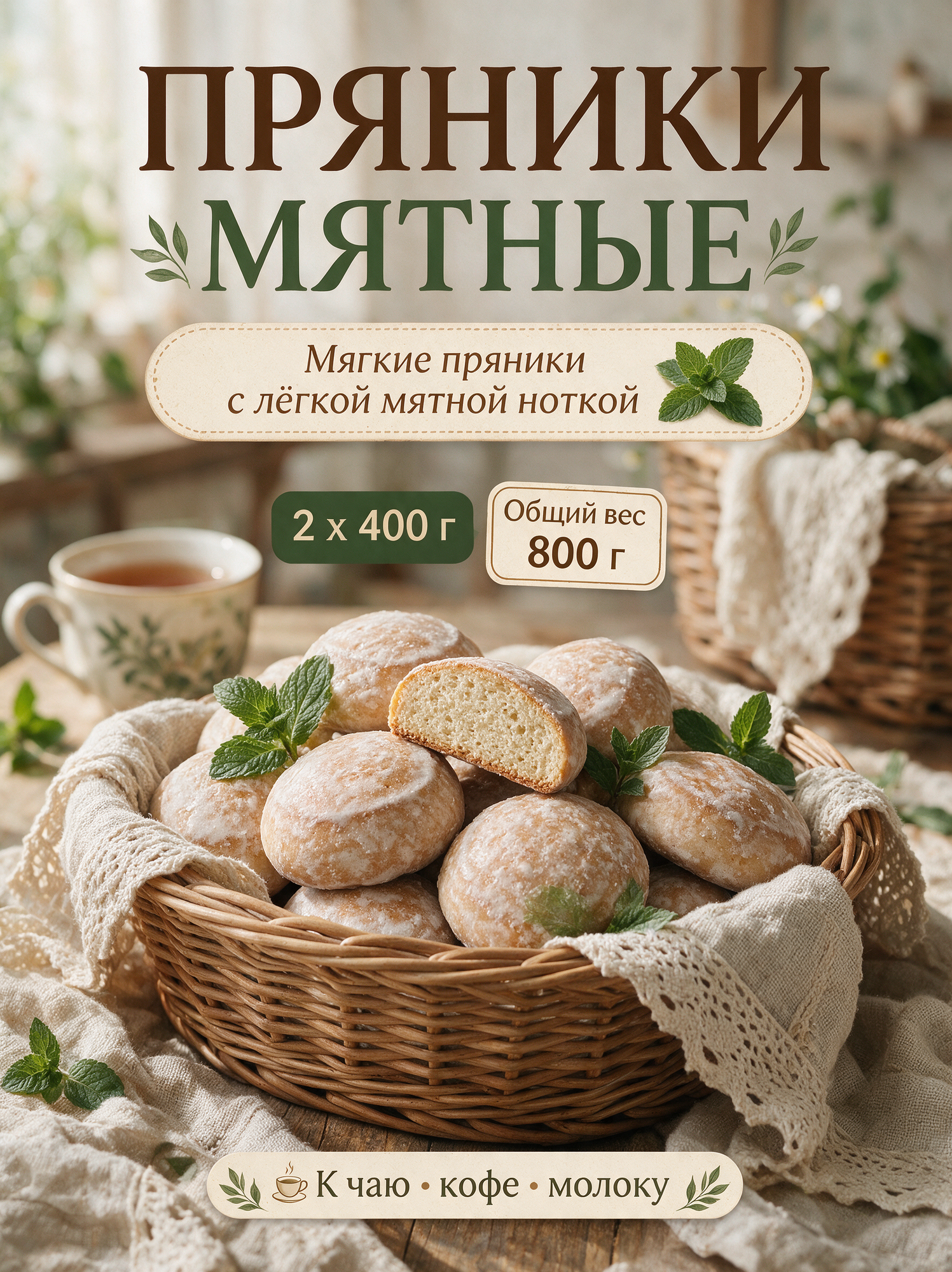 Пряники Северные мятные Остров Изобилия сырцовые глазированные 2 упаковки по 400 г, набор 800 г