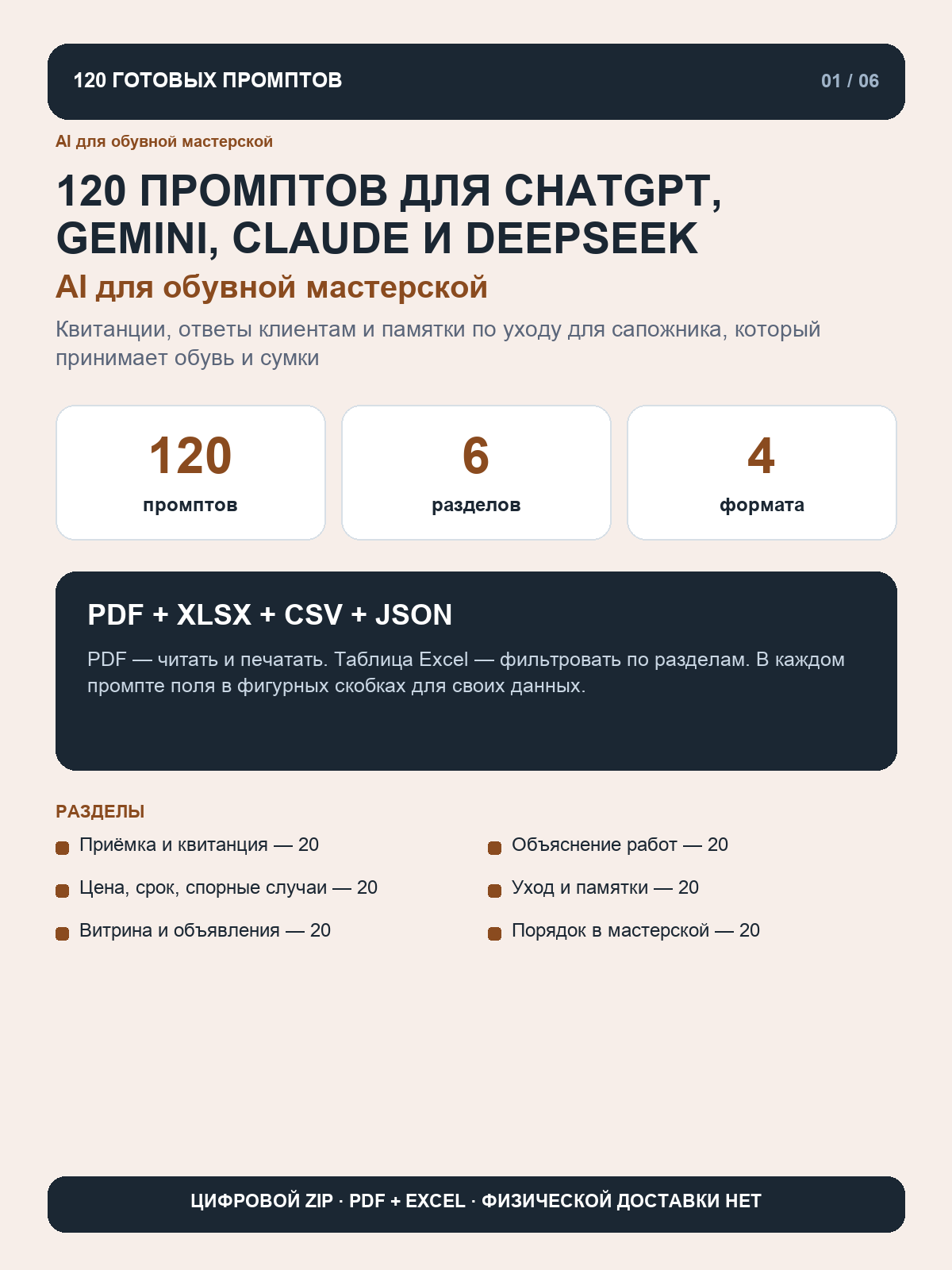 AI для обувной мастерской: 120 промптов для ChatGPT, Gemini, Claude и DeepSeek, цифровой ZIP
