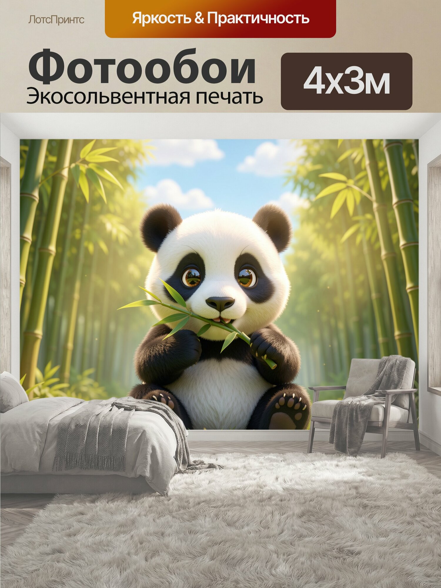 Фотообои "Милый детёныш панды сидит на траве и жуёт зелёный бамбуковый лист, крупный главный объект в центре кадра, фронтальный ракурс на." 400x300 см. экосольвентная печать