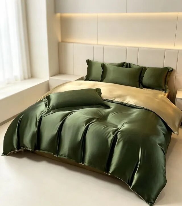 Комплект постельного белья 2-спальный искусственный шелк 200x230 см, наволочки 50x75, простыня 200x230 см, цветтемно-коричневый