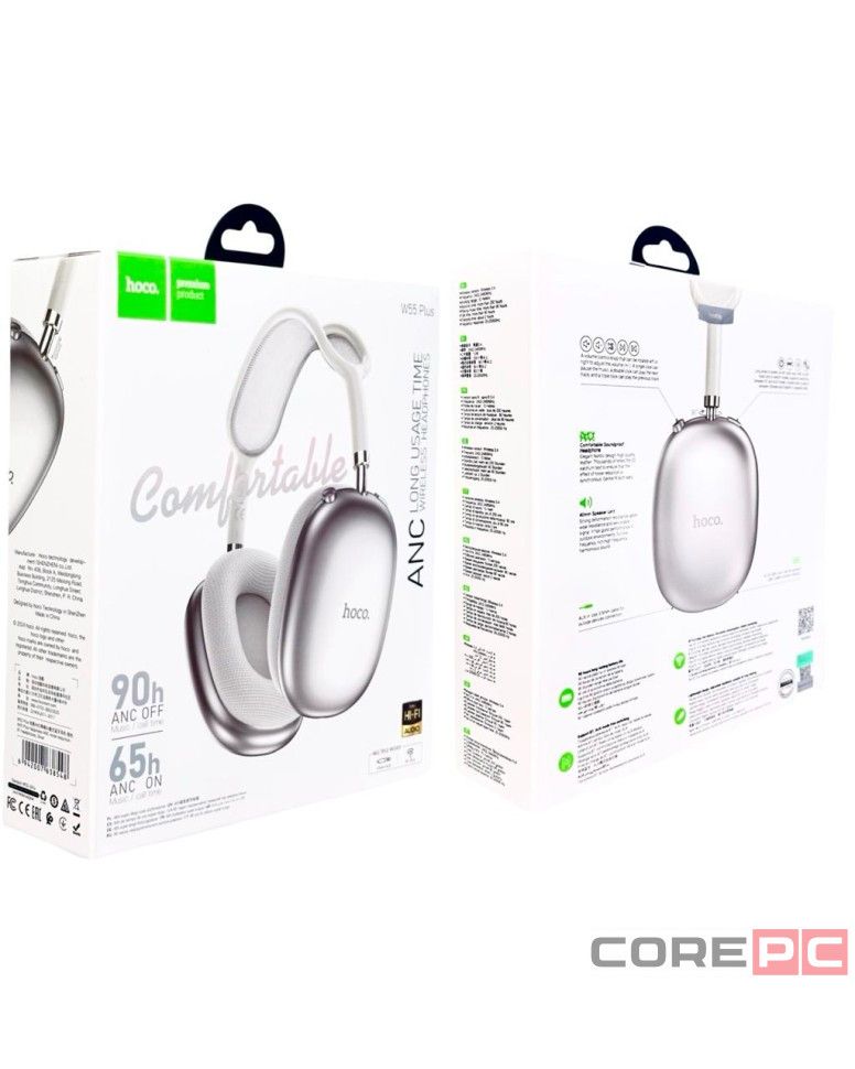 Стереонаушники Bluetooth полноразмерные Hoco W55 Plus ANC BT5.4/ANC/65ч серебристые