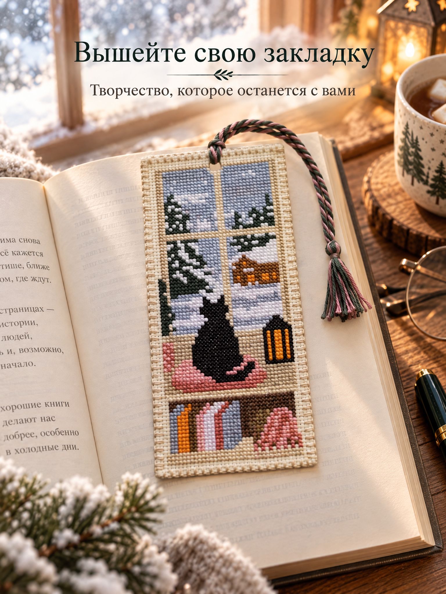 Вышивка крестом набор, закладка для книг "Котик. Зима"