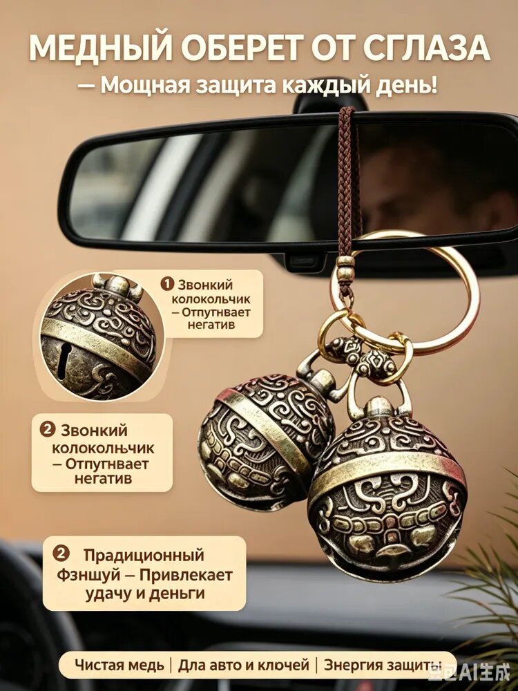 Талисман оберег, из чистой меди с колокольчиком-защита-от-сглаза, брелок амулет для ключей автомобиля и дома фэншуй.