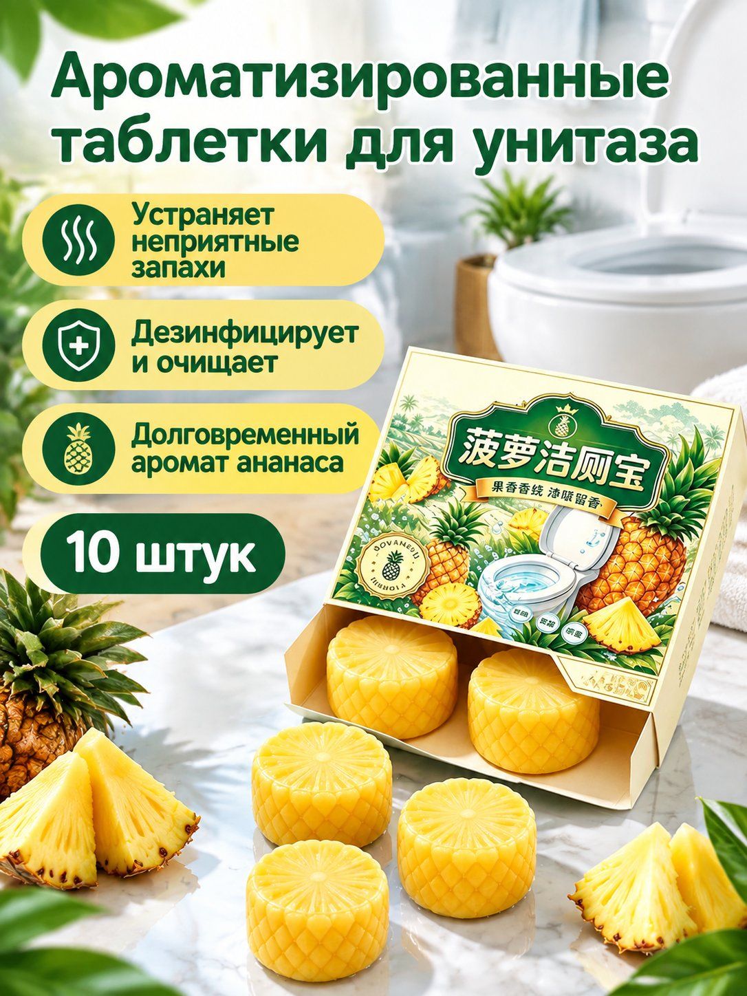 Очиститель для унитаза с ароматом ананаса, 10 шт: блоки для бачка, дезодорация, антибактериальный эффект и стойкий аромат