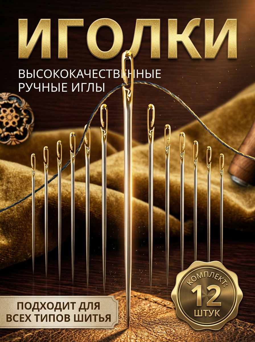 Иголки для шитья модель набор игл 12 штук иглы для ручного шитья универсальные иглы с большим ушком для ткани и ремонта одежды.