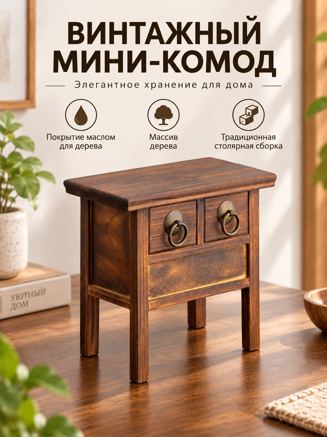 Винтажный мини‑комод ручной сборки, деревянный настольный шкафчик, покрытие маслом, для аксессуаров и декора в интерьере