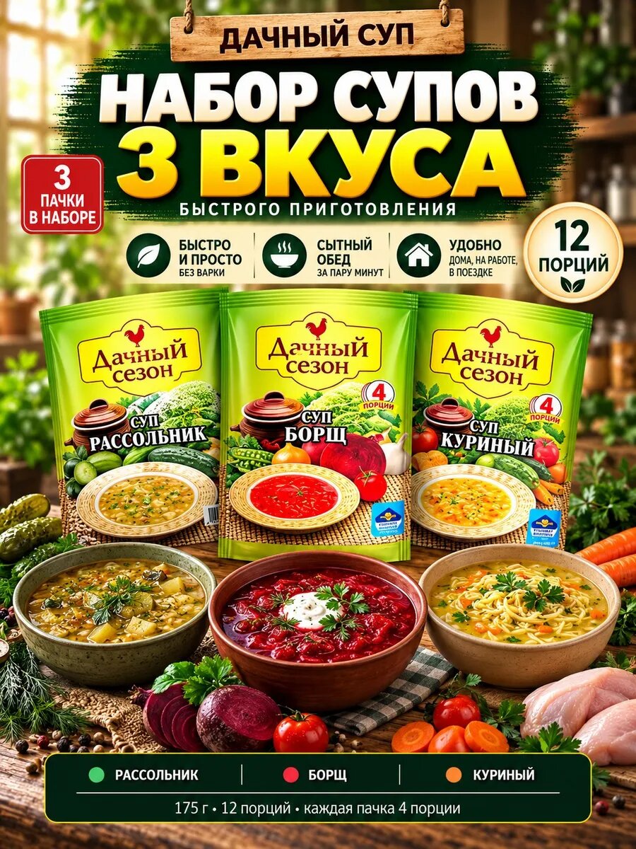 Набор супов 3 вкуса рассольник борщ куриный 175г — супы быстрого приготовления