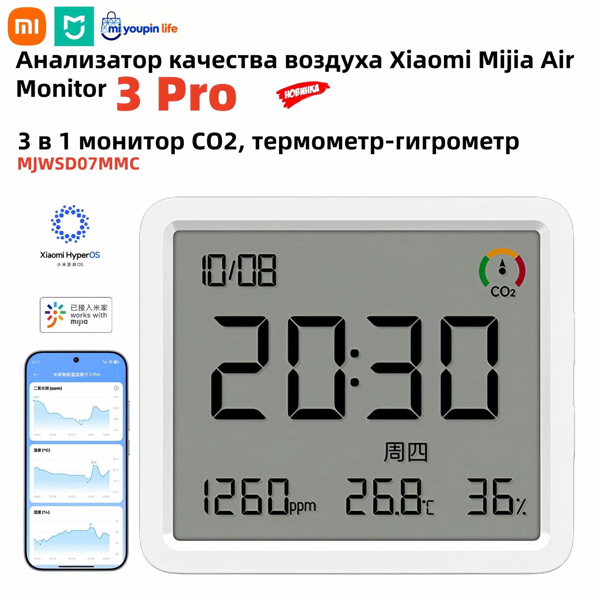 Анализатор качества воздуха Xiaomi Mijia Air Monitor 3 Pro 3 в 1 монитор СО2, термометр-гигрометр MJWSD07MMC CN ( Hyper OS Mihome app )