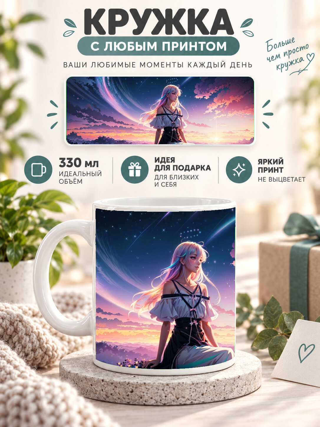 Кружка керамическая MoodRoom 330 мл, глянцевая, для чая и кофе, белая с принтом Anime Girl Dreamy When The, MUG3305374