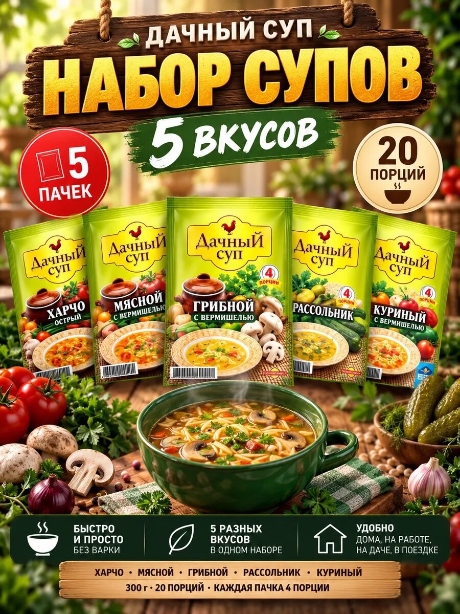 Набор супов ассорти 5 вкусов 300г Дачный — супы быстрого приготовления