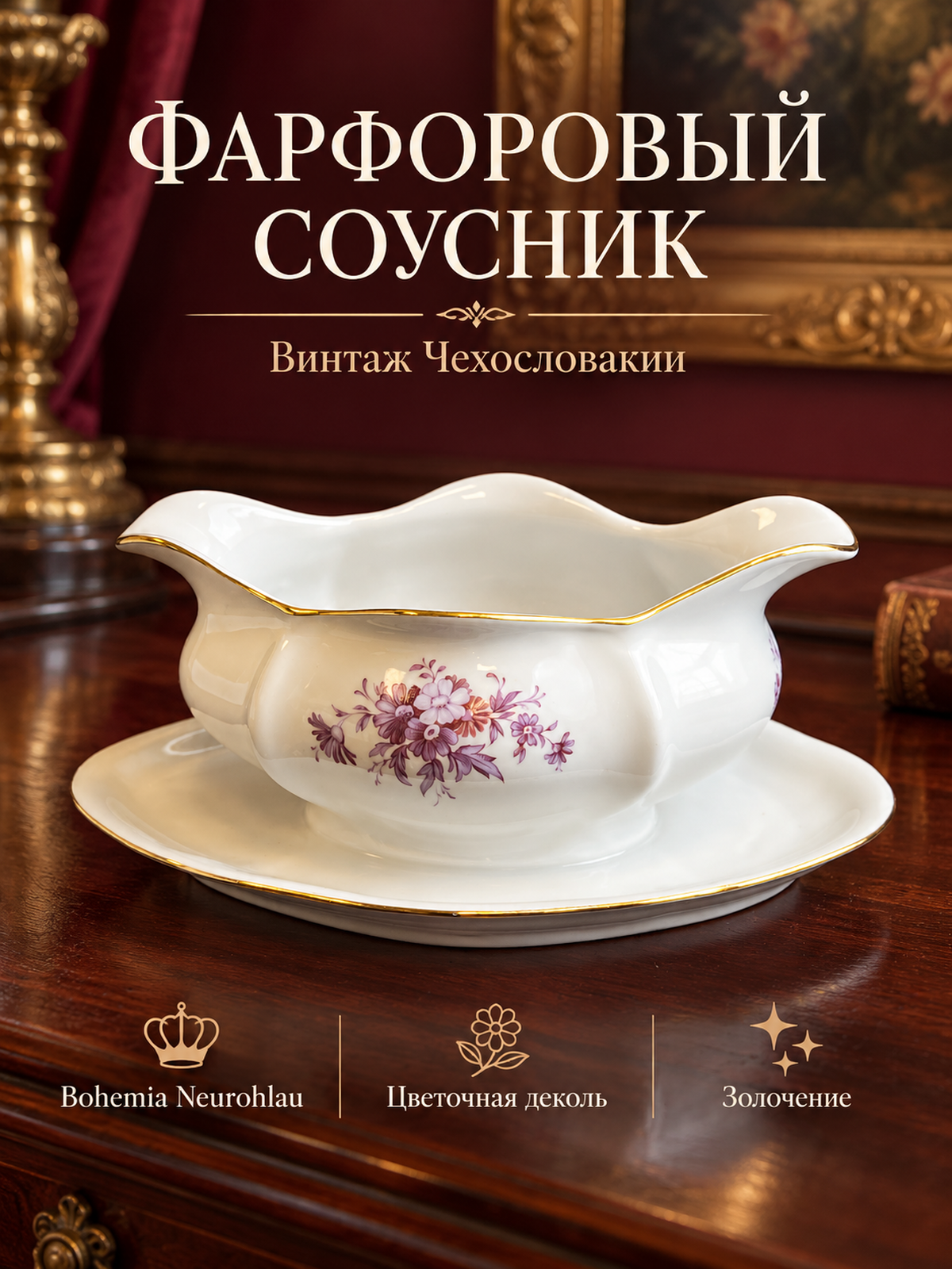 Соусник фарфоровый с цветочной деколью, золочение, Bohemia Neurohlau, Богемия Чехословакия винтаж 1970-1980 гг