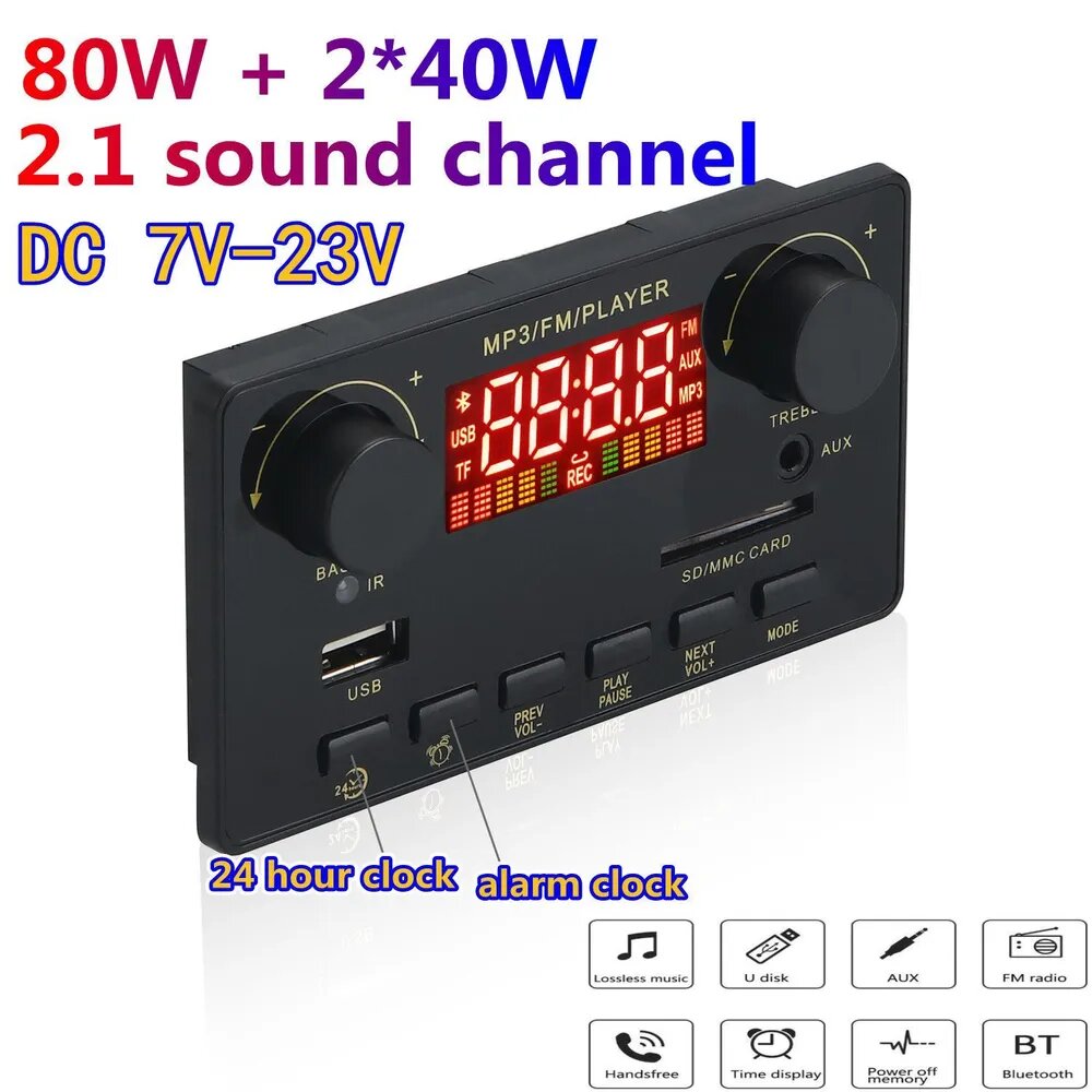 Усилитель мощности звука Bluetooth 2x40W+80W, аудио плата декодер AUX USB TF FM, усилитель для колонок и сабвуфера 7-19В