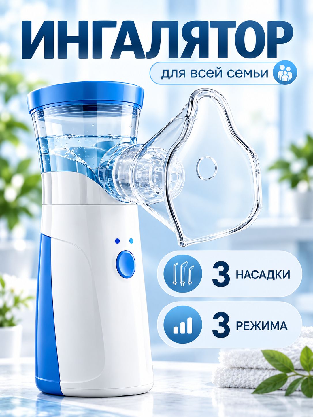 Ингалятор небулайзер портативный с 3-мя насадками бесшумный, для детей и взрослых