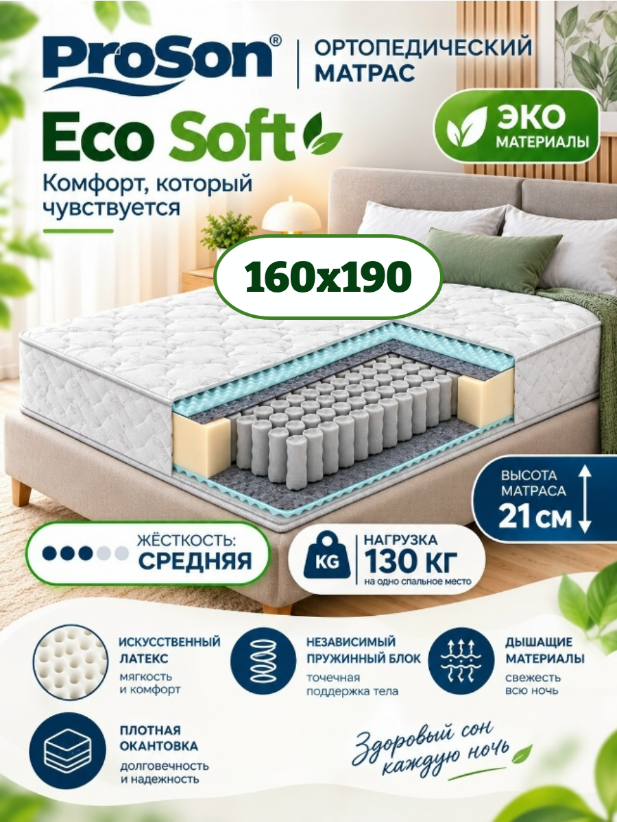 Пружинный матрас ProSon Eco Soft 160×190 средняя жёсткость, высокий, двуспальный