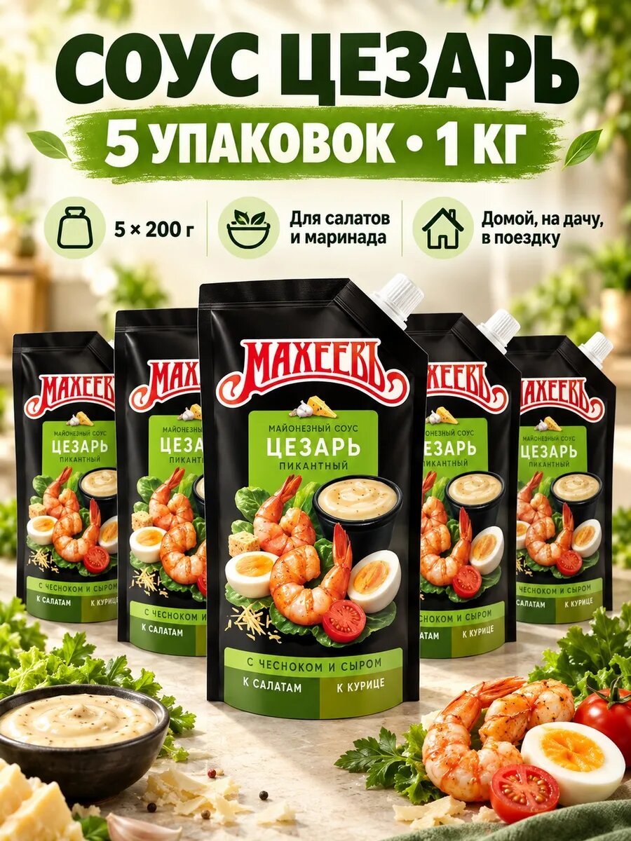Соус Махеевъ Цезарь пикантный для салатов 5 упаковок 1 кг, Россия