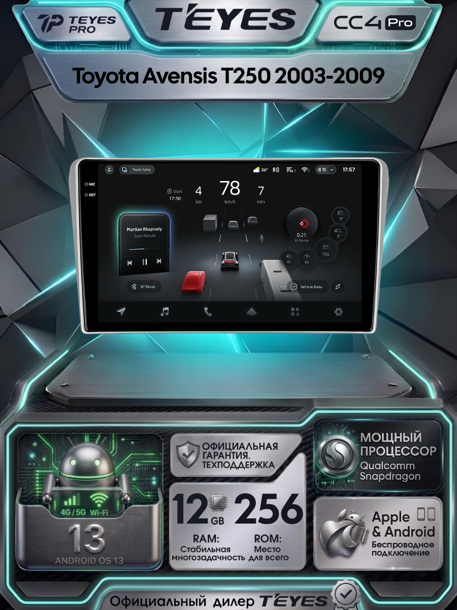 Магнитола Teyes CC4 Pro 12/256GB для Toyota Avensis T250 2 II 2003-2009, штатная магнитола, 8-ми ядерный процессор, QL