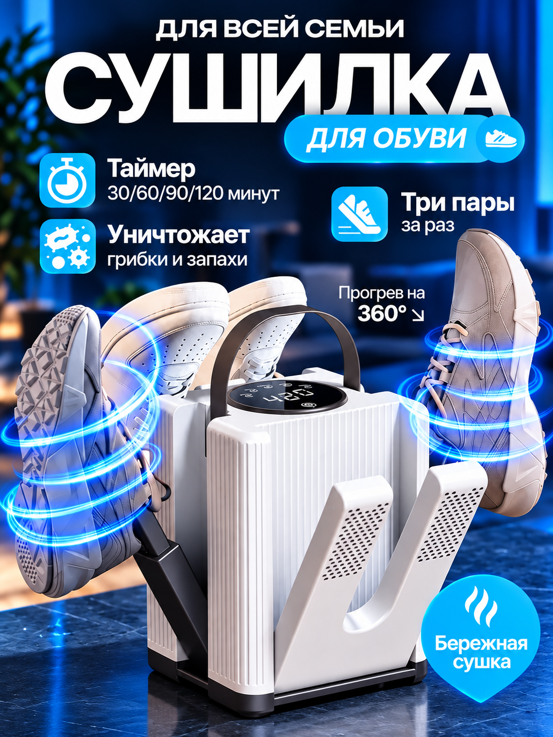 Сушилка для обуви электрическая, 3 пары обуви, антибактериальная, с УФ, с вентиляцией, обновленная модель