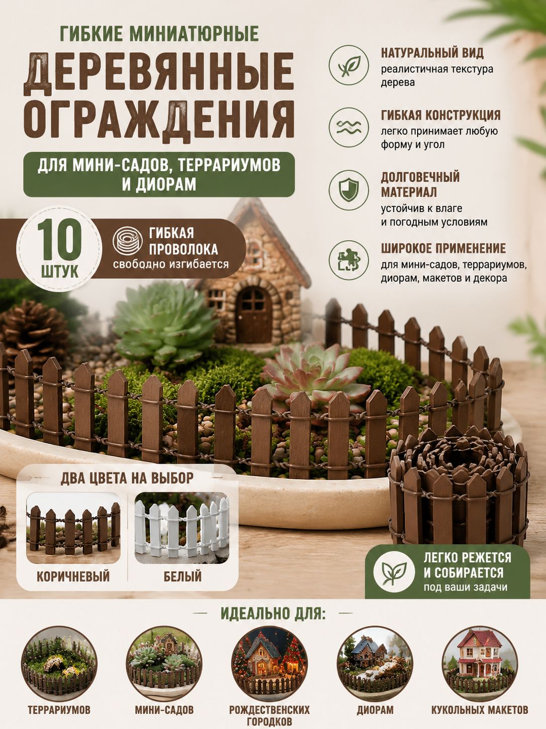Миниатюрные деревянные ограждения для сада, набор 10 шт Декоративные заборчики для ландшафтного дизайна