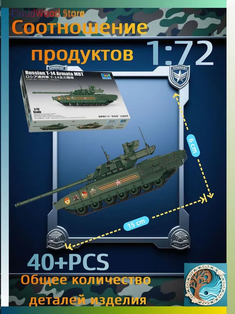 Сборная модель российского основного танка Т14 Армата в масштабе 1:72 от компании Trumpeter, популярный комплект военной техники 07181