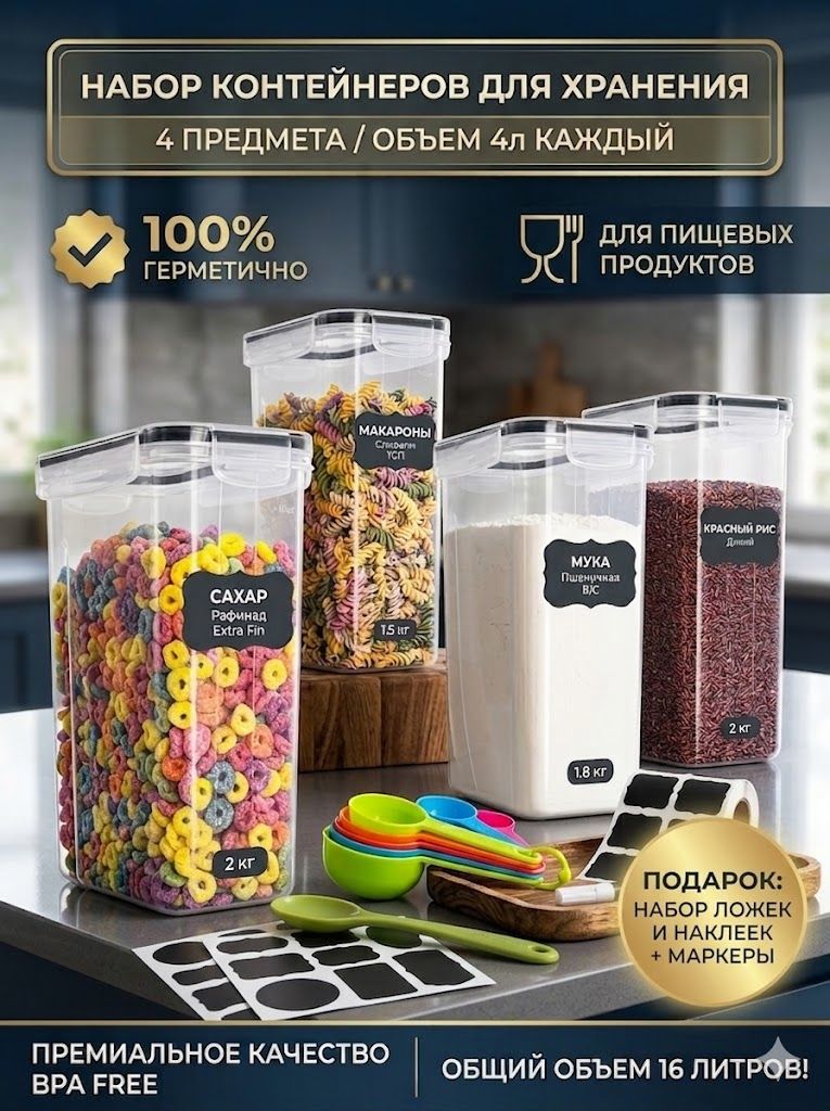 Контейнеры для круп с крышкой, банки для сыпучих продуктов, набор 4 шт. по 4 л