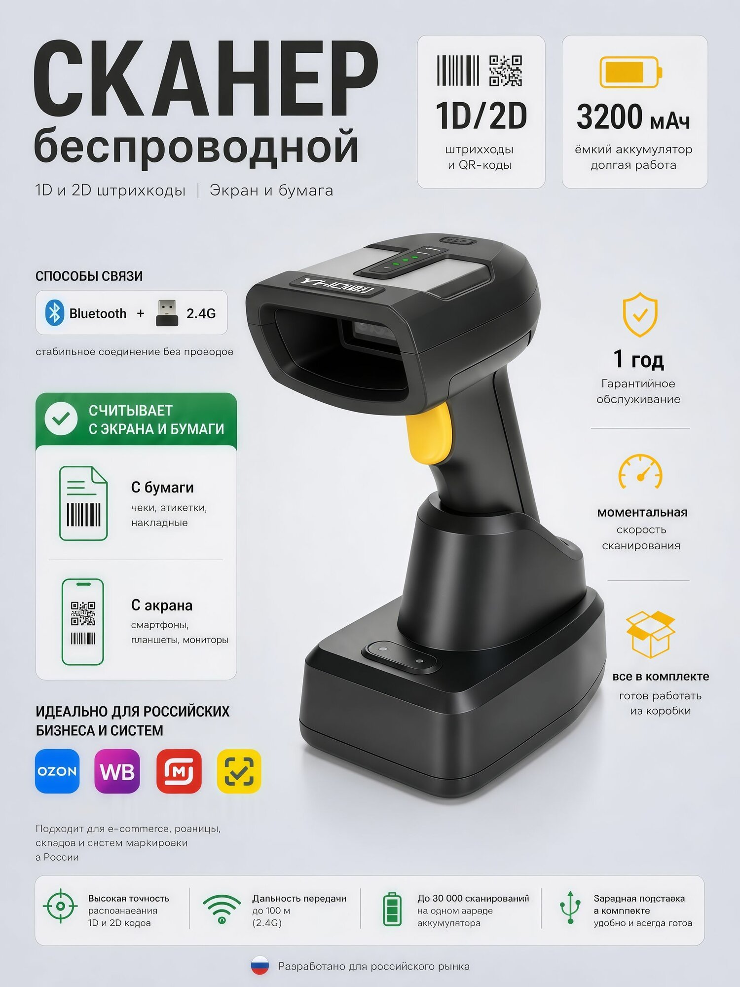 Беспроводной 2D сканер штрихкода Bluetooth/2.4G, черный. Для маркировки, ПВЗ, ЕГАИС, Честный знак. Поддержка QR, 1D, Эвотор, Атол. Емкий аккумулятор 3200 мАч.