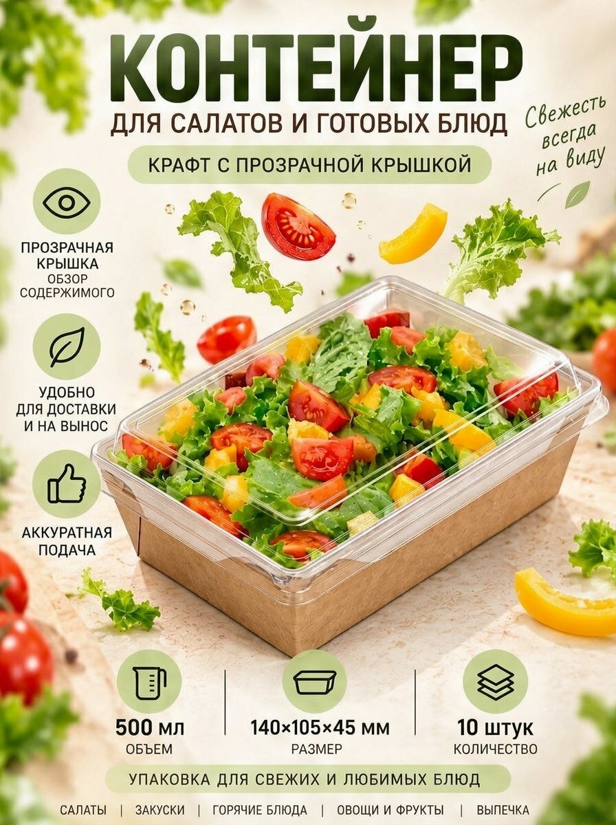 Одноразовый контейнер бумажный с крышкой 140х105х45 мм, крафт, 500 мл, комплект 10 шт.